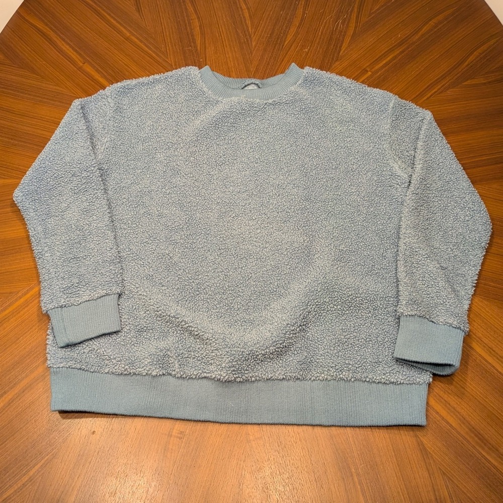Sherpa Fleece Pullover Sweatshirt Mens Blue Excellent Fuzzy Teddy Crewneck